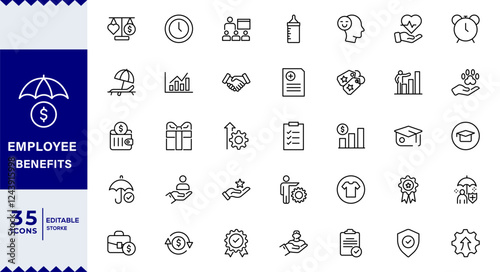 Employee benefits line icon set. Maternity leave, paid leave, meals, insurance, company transport, bonuses,, paid vacation, social security icons and more signs. Flat icon collection.
