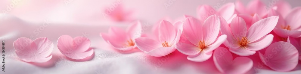 Softly glowing pink petals unfolding on a milky white silk background, pink, delicate Softly glowing pink petals unfolding on a milky white silk background, pink, delicate