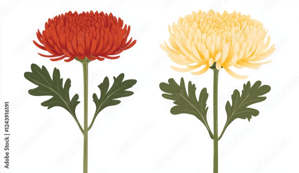 Red and Pale Yellow Chrysanthemum Flowers on White Background