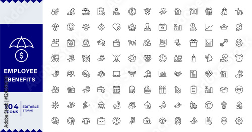 Employee benefits line icon set. Maternity leave, paid leave, meals, insurance, company transport, bonuses,, paid vacation, social security icons and more signs. Flat icon collection.