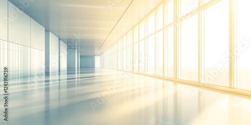Sunlit Modern Corridor: A long, bright corridor bathed in sunlight streaming through large windows, creating a sense of spaciousness, modernity, and calm.