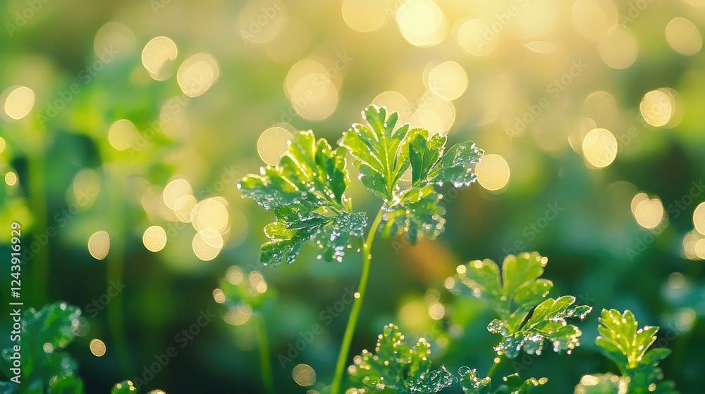 Obraz premium Close-up of vibrant parsley plants in a garden, covered in morning dew under natural daylight. Fresh and crisp