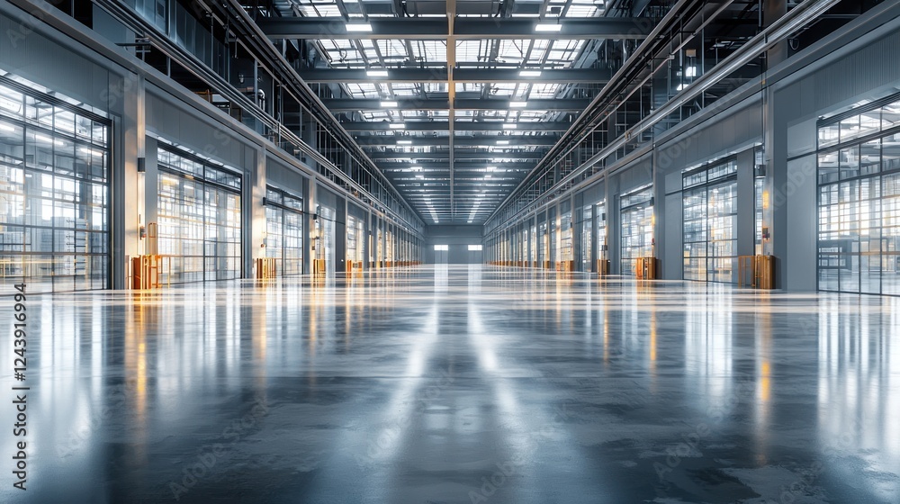 Vast Industrial Factory Interior: Modern Architecture and Reflective Floors Vast Industrial Factory Interior: Modern Architecture and Reflective Floors