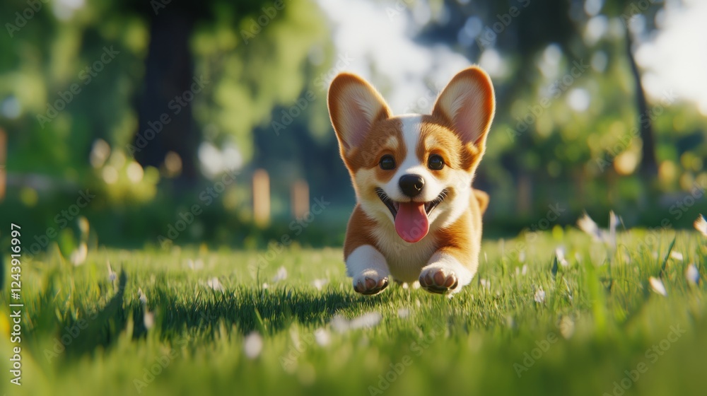 Corgi Puppy Running Through a Park with Ears Flopping Corgi Puppy Running Through a Park with Ears Flopping