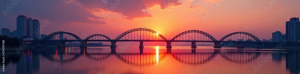 Obraz premium Yangtze River sunset reflected in bridge's arches, arches, sunset, chongqing