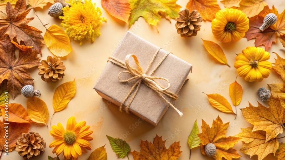 Fototapeta premium Autumnal Gift Presentation with Fall Foliage and Flowers