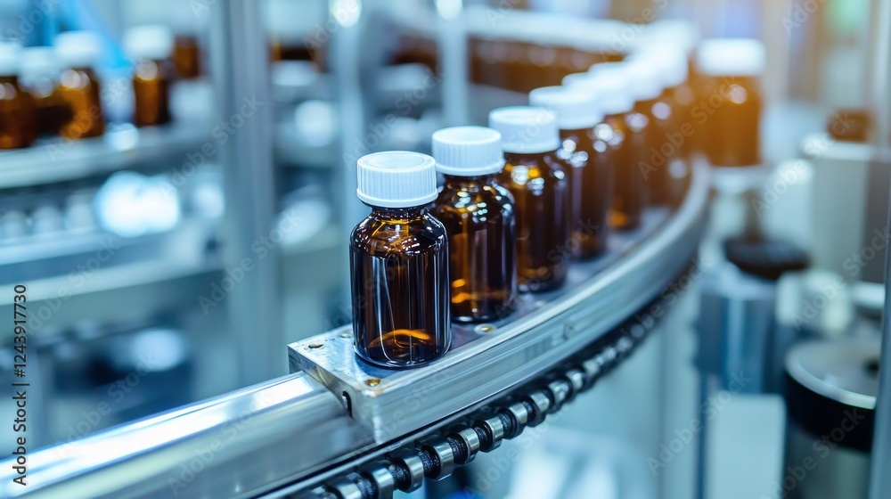Rows of amber glass bottles are being transported on a conveyor belt within a vibrant factory setting. Workers are focused on ensuring quality and efficiency Rows of amber glass bottles are being transported on a conveyor belt within a vibrant factory setting. Workers are focused on ensuring quality and efficiency