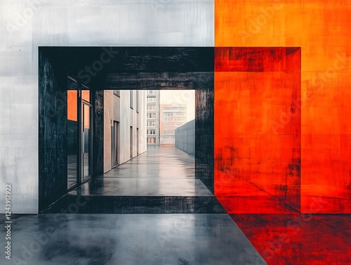 Abstract Urban Passage: A vibrant and modern artwork depicting an urban passageway framed by bold blocks of contrasting colors – stark grey, deep black, and fiery orange.