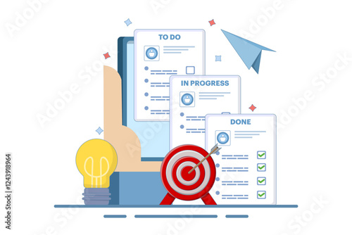 Project management, strategy and organization concept. Office desk with laptop and kanban board with tasks and sticker notes on the screen. Flat vector illustration on background.