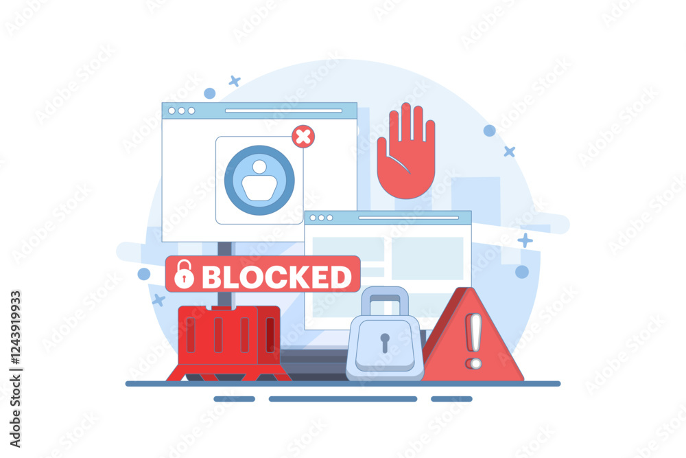 blocked user account concept, shocked and anxious about blocked user account. help user to unblock account. Security from cybercrime activities, hacker attacks, censorship or ransomware. flat design. blocked user account concept, shocked and anxious about blocked user account. help user to unblock account. Security from cybercrime activities, hacker attacks, censorship or ransomware. flat design.