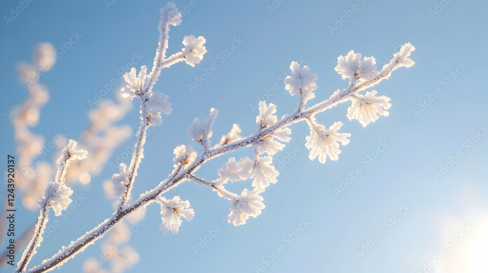 Delicate frost-covered branches against a clear blue sky with sunlight highlighting the icy details Delicate frost-covered branches against a clear blue sky with sunlight highlighting the icy details