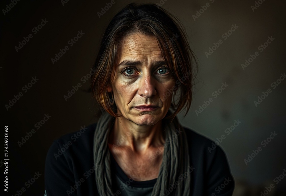 Fototapeta premium Photorealistic portrait of a poor female in a dimly lit room