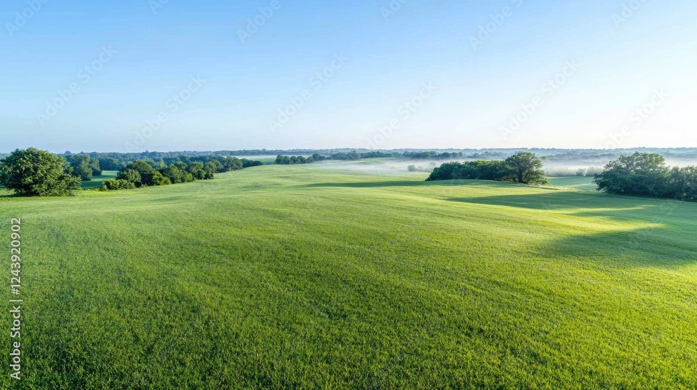 Fototapeta premium Serene sunrise over vast green field, misty horizon. Ideal for nature, travel imagery