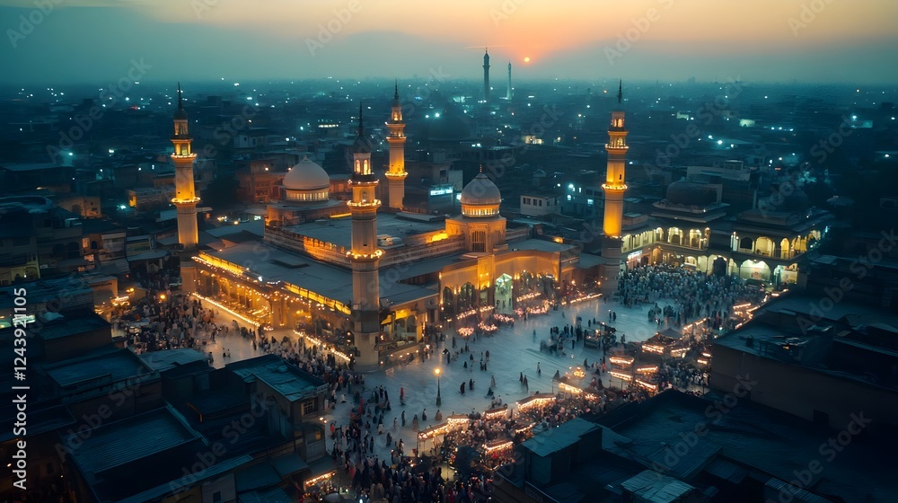 Fototapeta premium Evening view of a bustling mosque with illuminated minarets and crowds gathered at sunset