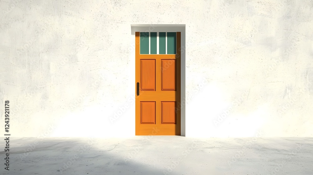 Obraz premium Bright Orange Door on a Minimalist Wall with Soft Lighting Effects