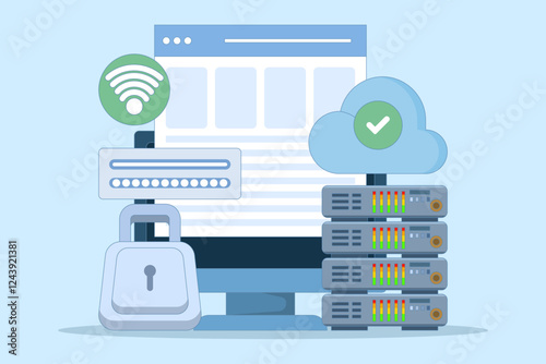 personal data protection concept, information storage in the cloud, user authorization, cloud storage. Cartoon style illustration for landing page, web banner, infographic, main image.