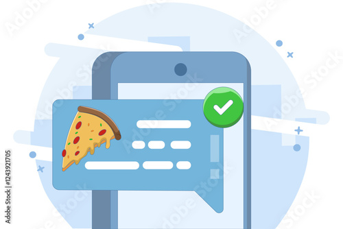 food notification concept. Mobile phone with pizza notification on screen, flat cartoon mobile phone with food delivery notification, smart phone with speech bubble and check mark. vector illustration