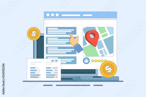 Search engine marketing, PPC advertising, digital advertising. Paid marketing campaigns, pay per click advertising campaigns that increase website traffic. Flat design vector illustration with icons.