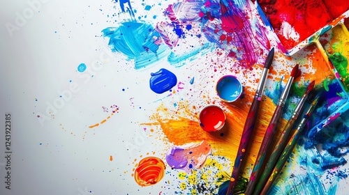 Colorful art supplies and vibrant paint splatters.