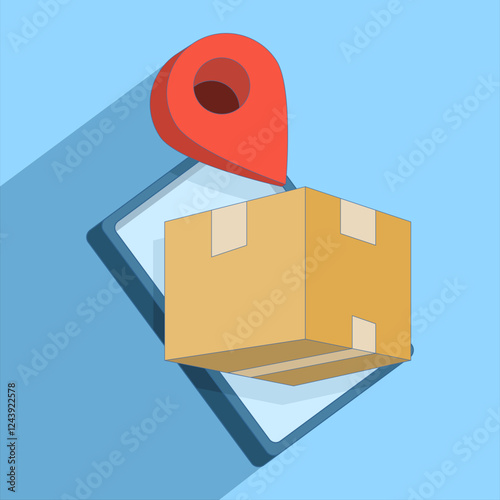 Cardboard package concept with location pins, representing shipping, delivery service or logistics tracking. Accurate delivery, e-commerce graphics. Flat vector illustration on background. photo