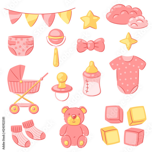 Baby shower set of objects. New born baby girl Happy Birthday.