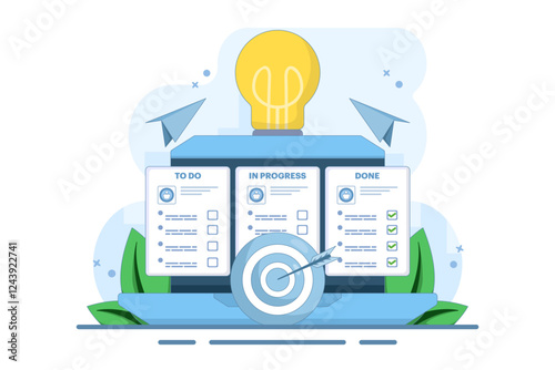 Project management, strategy and organization concept. Office desk with laptop and kanban board with tasks and sticker notes on the screen. Flat vector illustration on background.