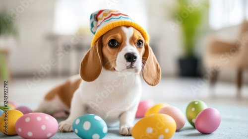 A playful beagle wearing a colorful hat surrounded by festive Easter eggs, capturing the spirit of joy and celebration.
