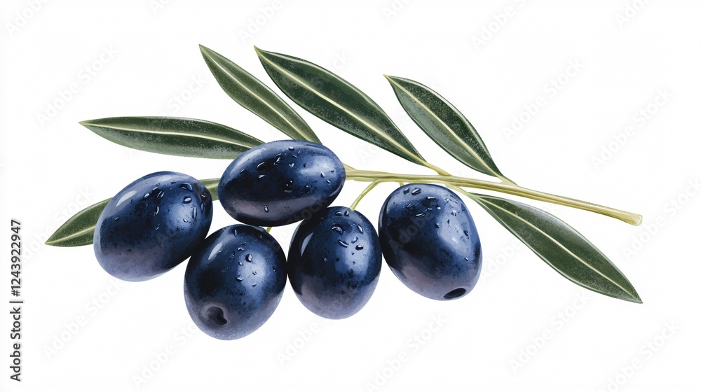 Closeup of Green Olive with Branch and Leaves on White Background