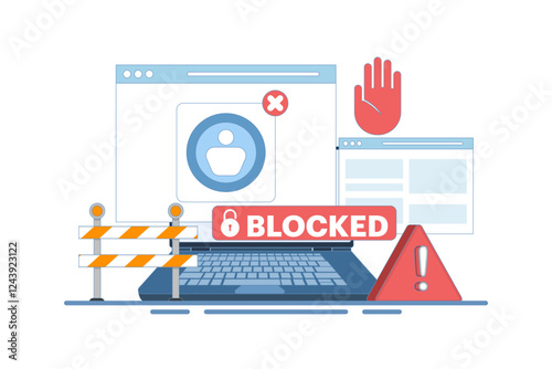 blocked user account concept, shocked and anxious about blocked user account. help user to unblock account. Security from cybercrime activities, hacker attacks, censorship or ransomware. flat design.