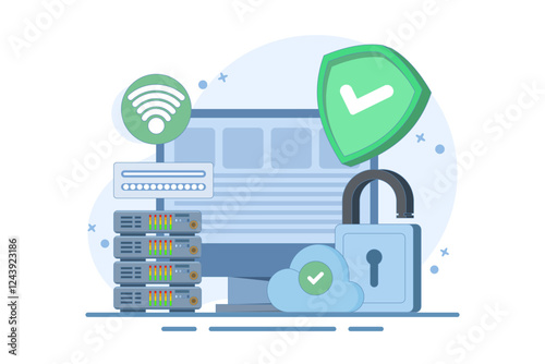 personal data protection concept, information storage in the cloud, user authorization, cloud storage. Cartoon style illustration for landing page, web banner, infographic, main image.