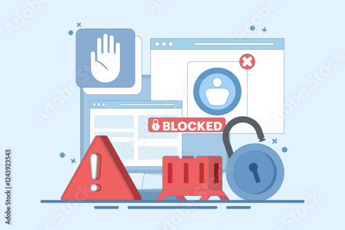 blocked user account concept, shocked and anxious about blocked user account. help user to unblock account. Security from cybercrime activities, hacker attacks, censorship or ransomware. flat design.
