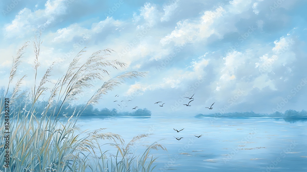 Fototapeta premium A peaceful lakeshore with reeds swaying in the breeze and the distant sound of waterfowl