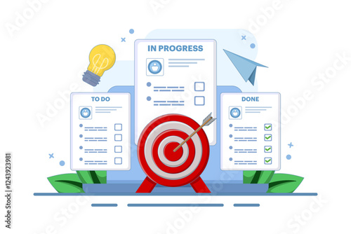 Project management, strategy and organization concept. Office desk with laptop and kanban board with tasks and sticker notes on the screen. Flat vector illustration on background.