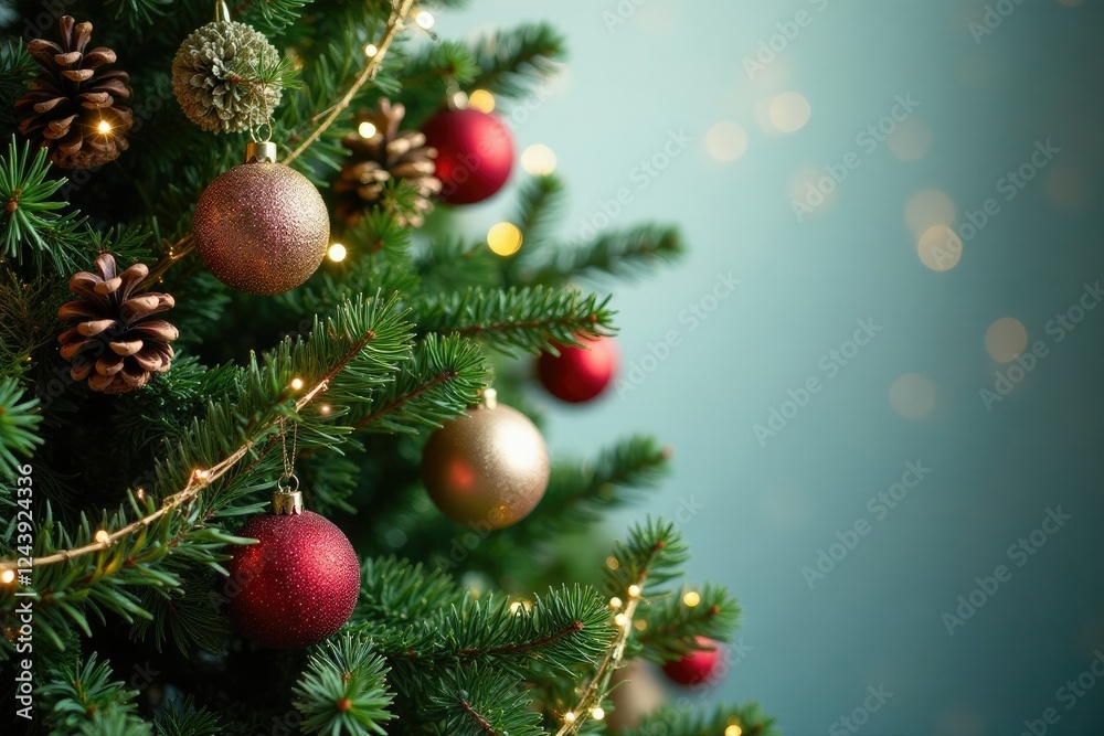 Obraz premium decorated evergreen tree with festive garland and pinecones, Decorations, Pinecones, Seasonal