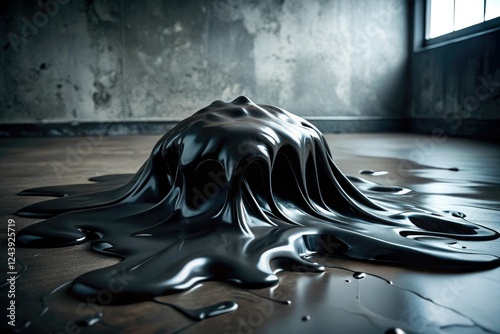 Heavy, gloopy black slime on a dark floor, black, viscous photo