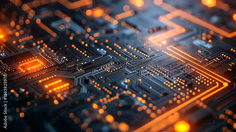 Abstract close-up of a glowing circuit board with intricate patterns