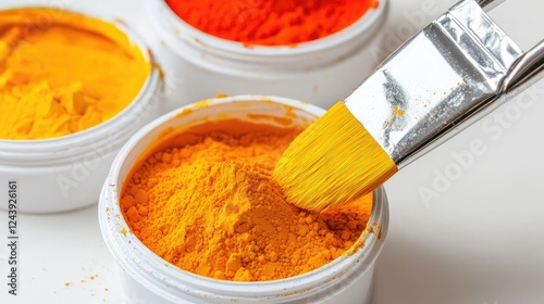 Close-up of vibrant orange pigment powder in a container, with a brush dipping in, perfect for artistic projects or design.