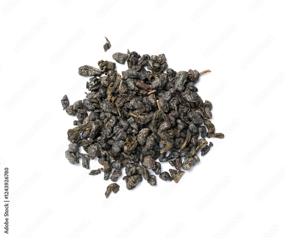 Pile of dry tea leaves isolated on white, top view Pile of dry tea leaves isolated on white, top view