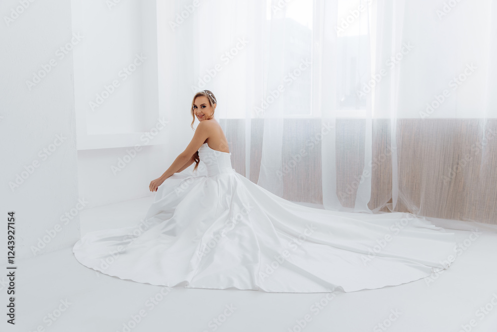 Fototapeta premium Photo from above of a girl in a dress with a long train