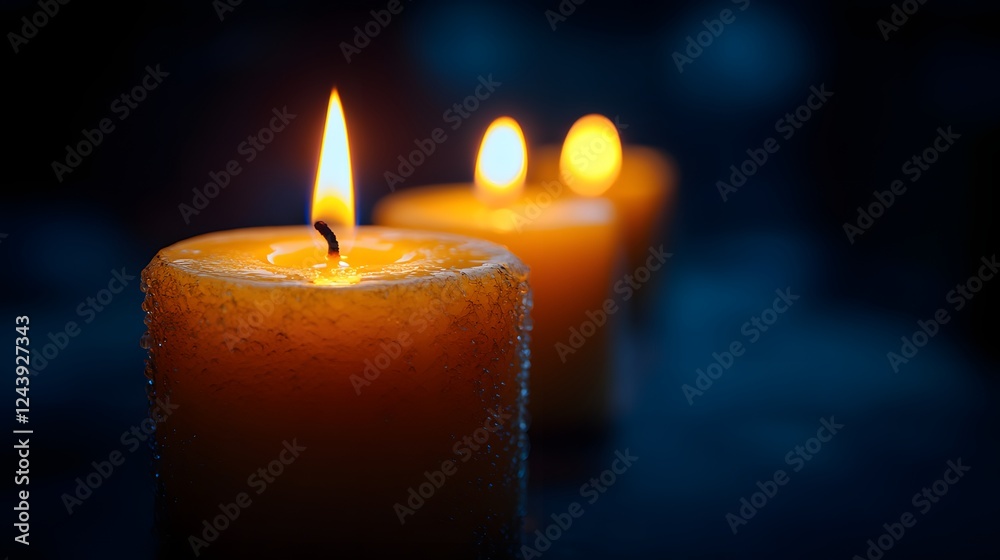 Lit Candle Surrounded by Warm Bokeh Lights on a Table Lit Candle Surrounded by Warm Bokeh Lights on a Table