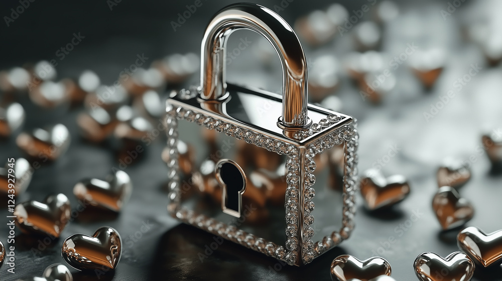 Romantic silver lock with a polished surface. silver hearts. Perfect for Valentine’s Day themes, wedding invitations, greeting cards, and love-inspired creative projects. Shiny and elegant design Romantic silver lock with a polished surface. silver hearts. Perfect for Valentine’s Day themes, wedding invitations, greeting cards, and love-inspired creative projects. Shiny and elegant design