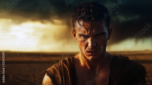 Portrait of Cain with angry and brooding expression background of barren field under darkening sky