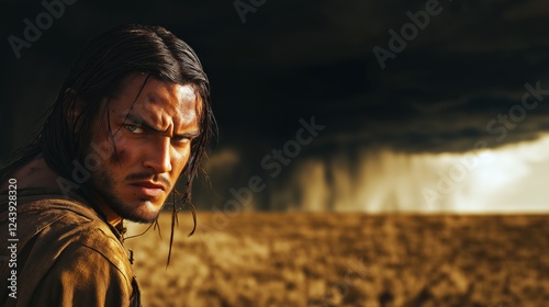 Portrait of Cain with angry and brooding expression background of barren field under darkening sky