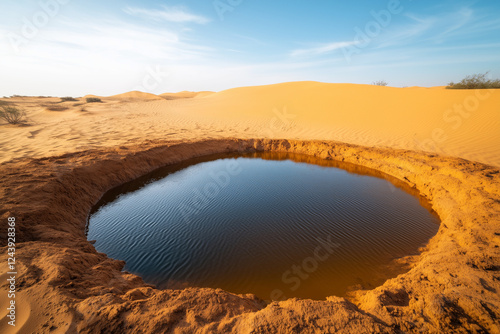 Landscape view of oil pool among the desert, Oasis in the desert.