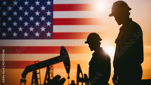 Silhouetted workers stand against the backdrop of an American flag and oil rig, symbolizing hard work and national pride at sunset.