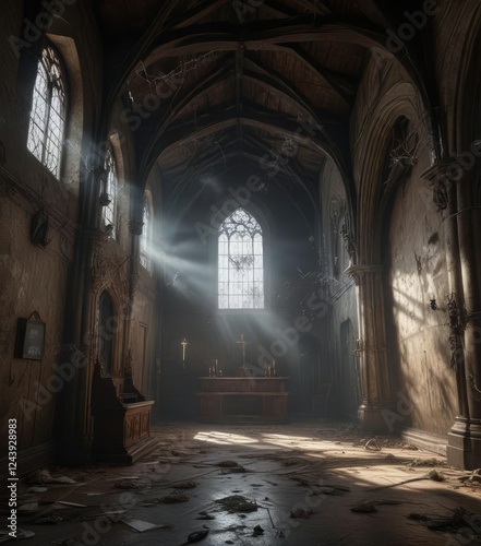Interior of a dark and musty old church with cobwebs hanging from the ceiling , dark interior, dusty atmosphere, abandoned church