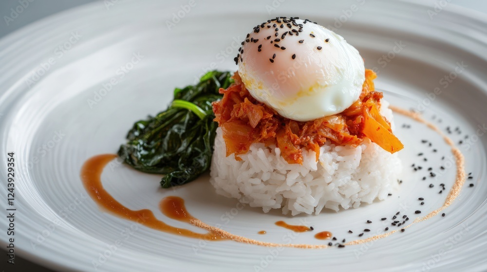 Plate with kimchi and poached egg with basmati rice, sautéed spinach, and sesame seeds. A beautifully plated Asian-inspired dish, ideal for food photography, restaurant menus. Plate with kimchi and poached egg with basmati rice, sautéed spinach, and sesame seeds. A beautifully plated Asian-inspired dish, ideal for food photography, restaurant menus.