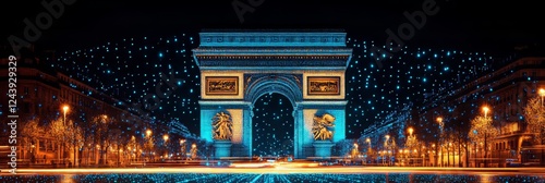 Parisian Night, Arc de Triomphe in Blue Lights, Festive Illumination, Cityscape, France