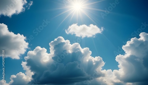 Sol brillante brillando a través de las nubes en un cielo azul