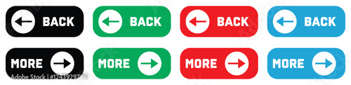 Back and More navigation buttons. Prev, next. Web page button for move to the next and previous item. Web buttons with arrow for web site and user interface. Vector illustration.